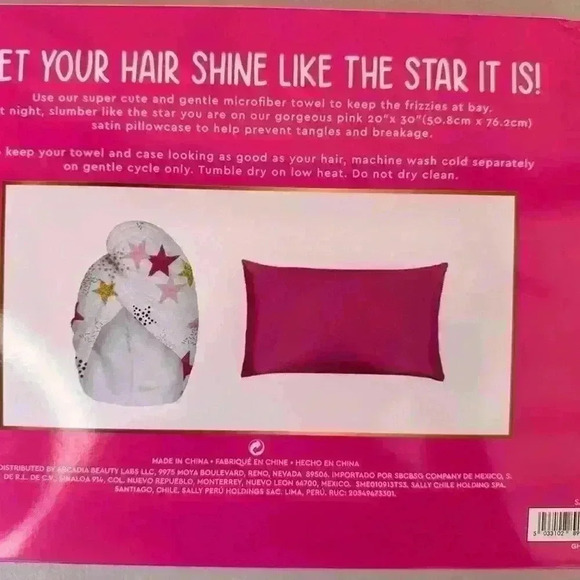 Satin Hot Pink Pillowcase & Star Print Microfiber Hair Towel Arcadia Beauty NEW - Picture 7 of 8